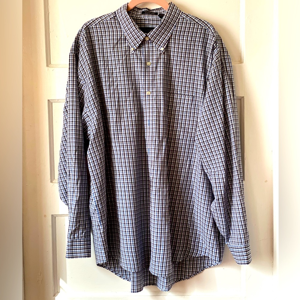Van Huesen Blue Plaid Stain Free Wrinkle Free Button Down Up Shirt Neck 17-17.5